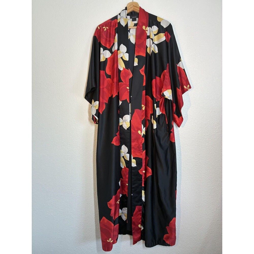 Natori Ginza Long Kimono Robe Womens One Size Black Satin Red Floral Lounge